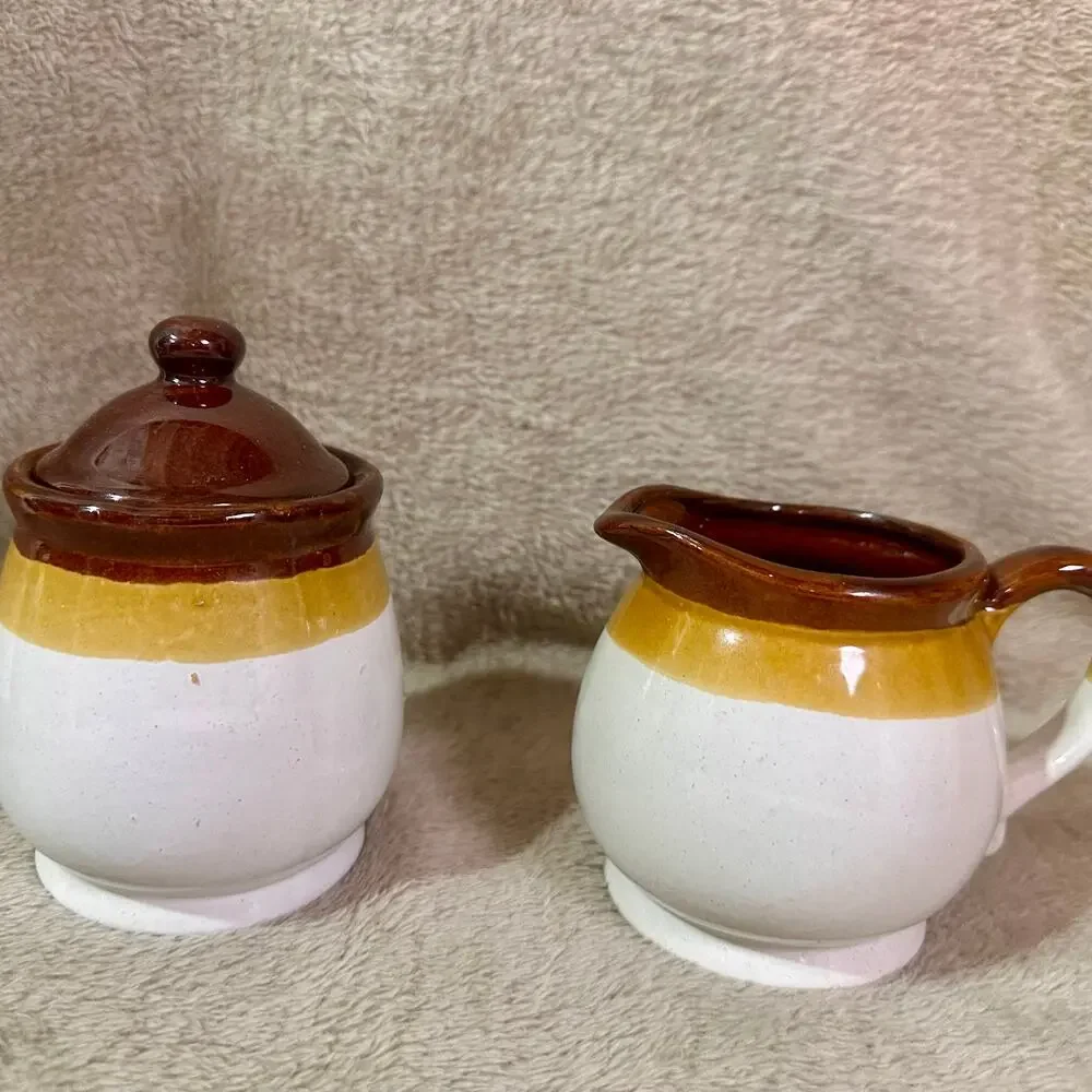 Vintage Taiwan Stoneware Creamer & Sugar Bowl Set Rustic Farmhouse